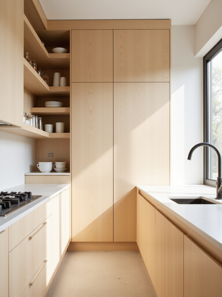 Minimalist kitchen with floor-to-ceiling open shelving and tall pantry cabinet.