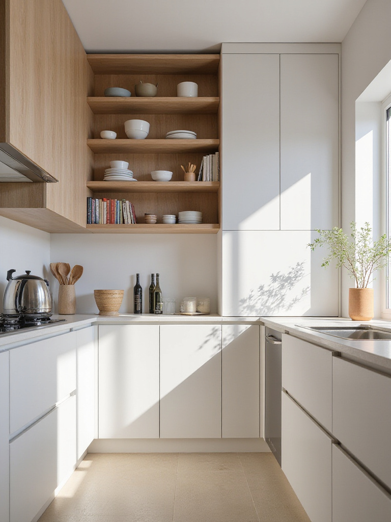 Minimalist kitchen interior showcasing smart storage solutions, including pull-out shelves and drawer organizers, for efficient workflow.