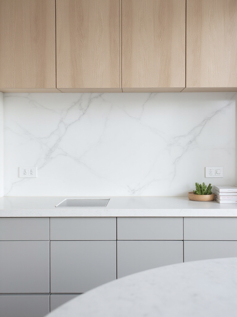 Minimalist kitchen with a seamless white quartz slab backsplash.