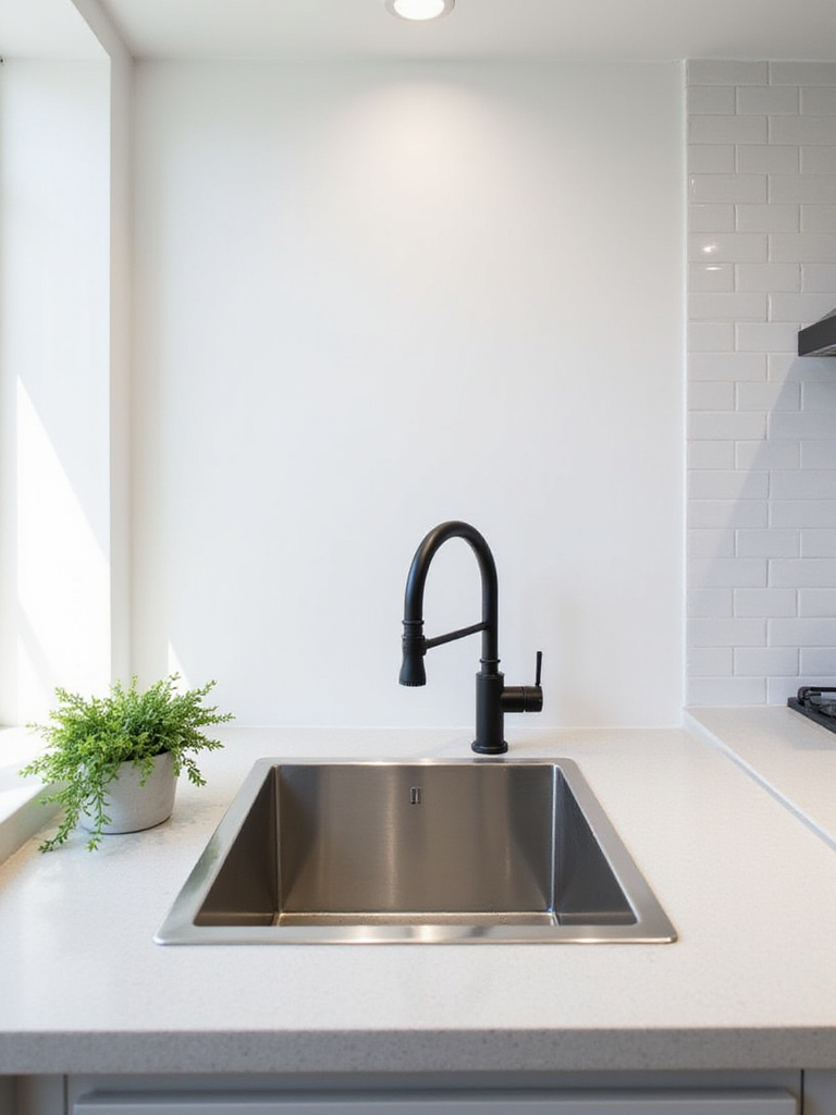 Minimalist kitchen sink with stainless steel undermount sink and matte black faucet.