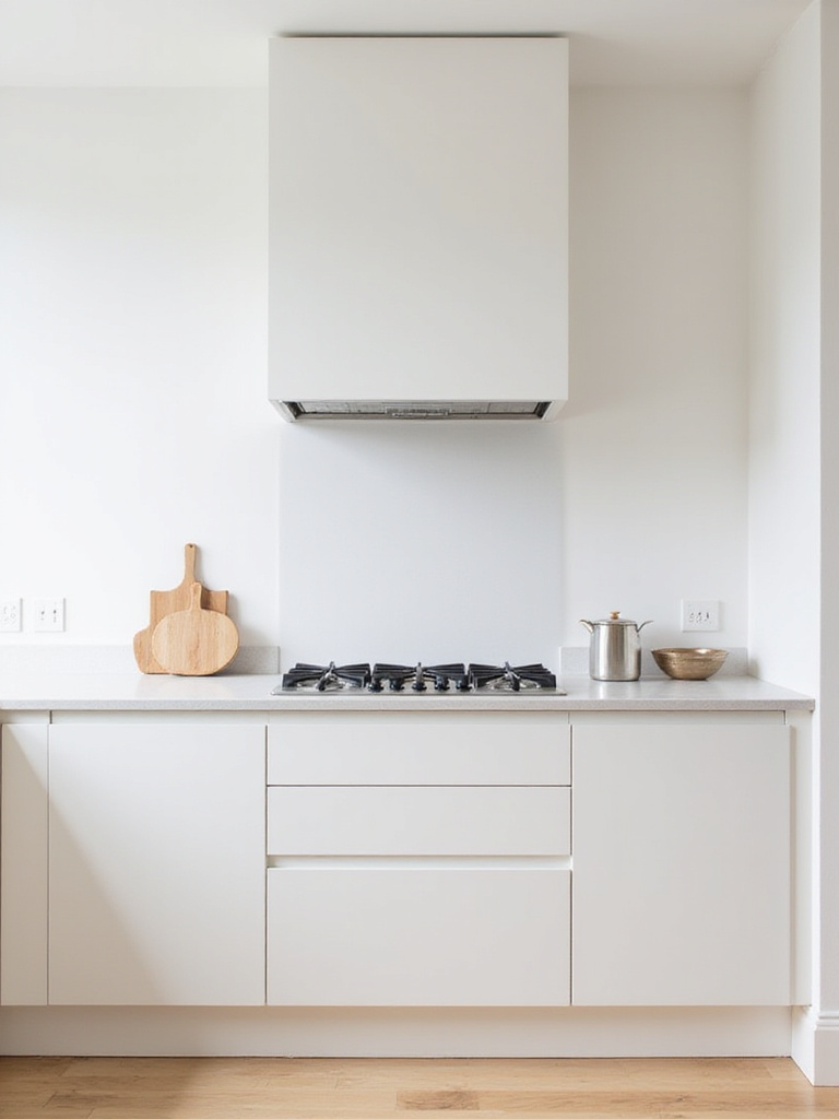 Minimalist kitchen with concealed range hood integrated into cabinetry.