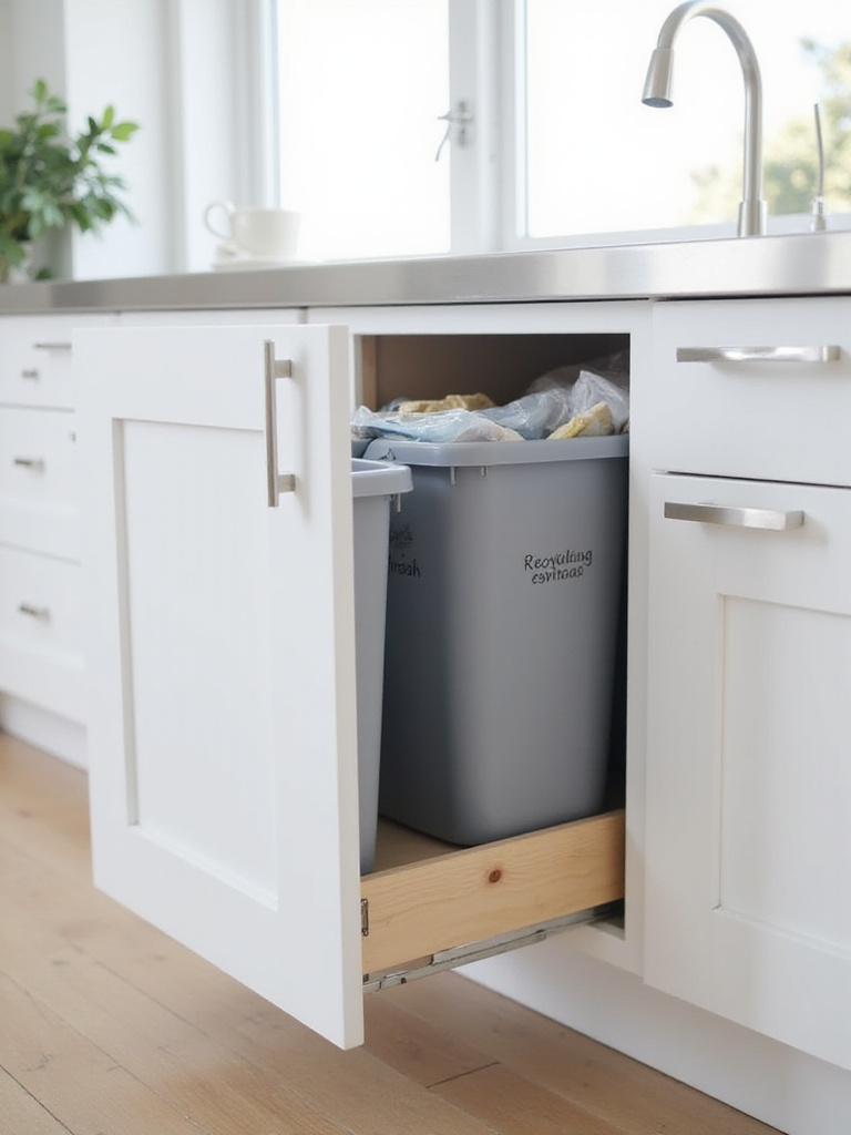 Minimalist kitchen with integrated pull-out trash and recycling bins hidden within white handleless cabinetry.