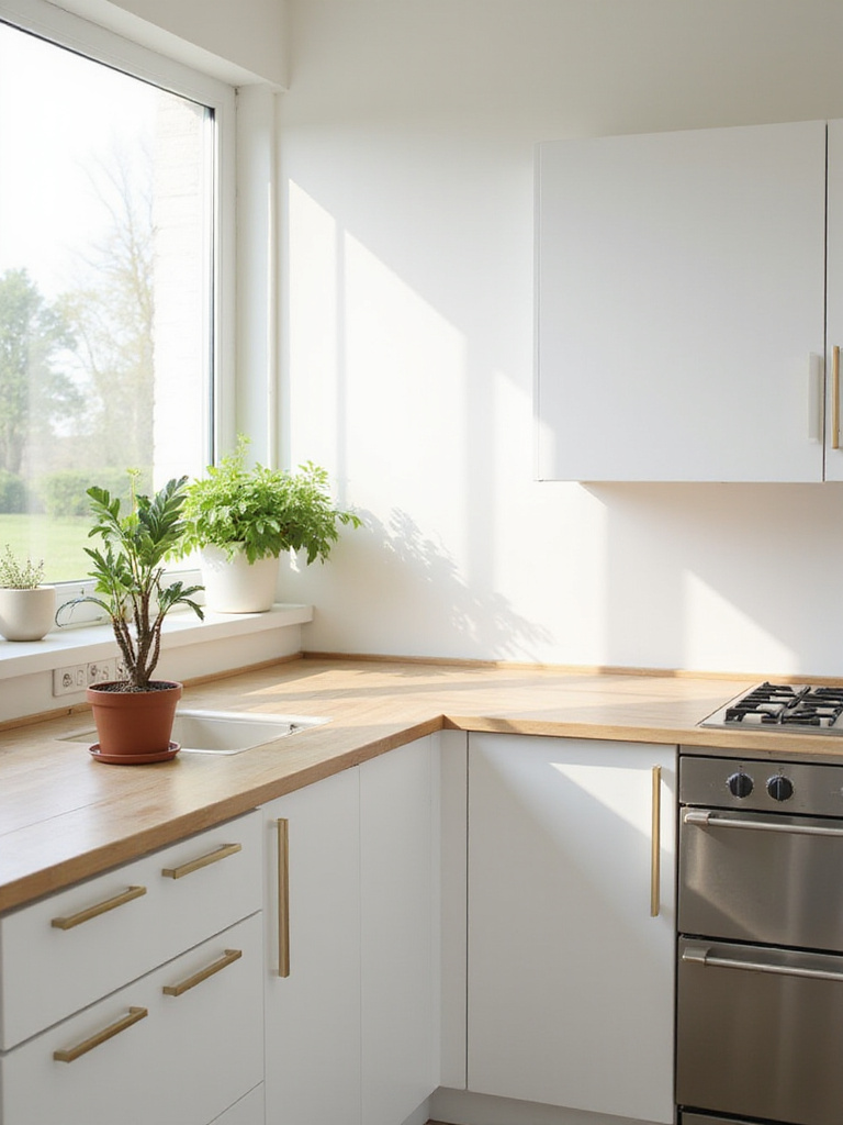 Minimalist kitchen with snake plant and herb garden
