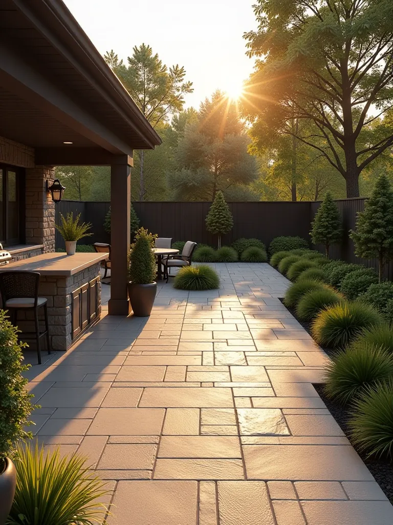 Low angle shot of expansive patio with outdoor kitchen at dawn