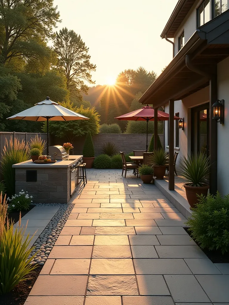Sunrise view of large paver patio with outdoor kitchen and retaining wall