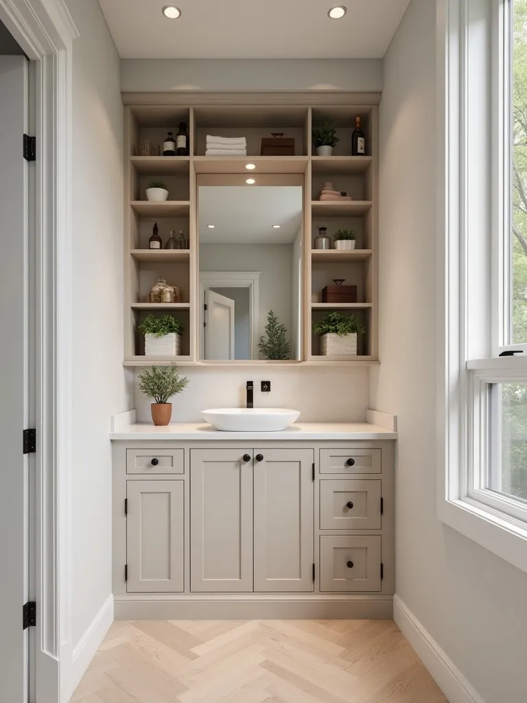 Compact bathroom with custom built storage wall mixing open and closed units