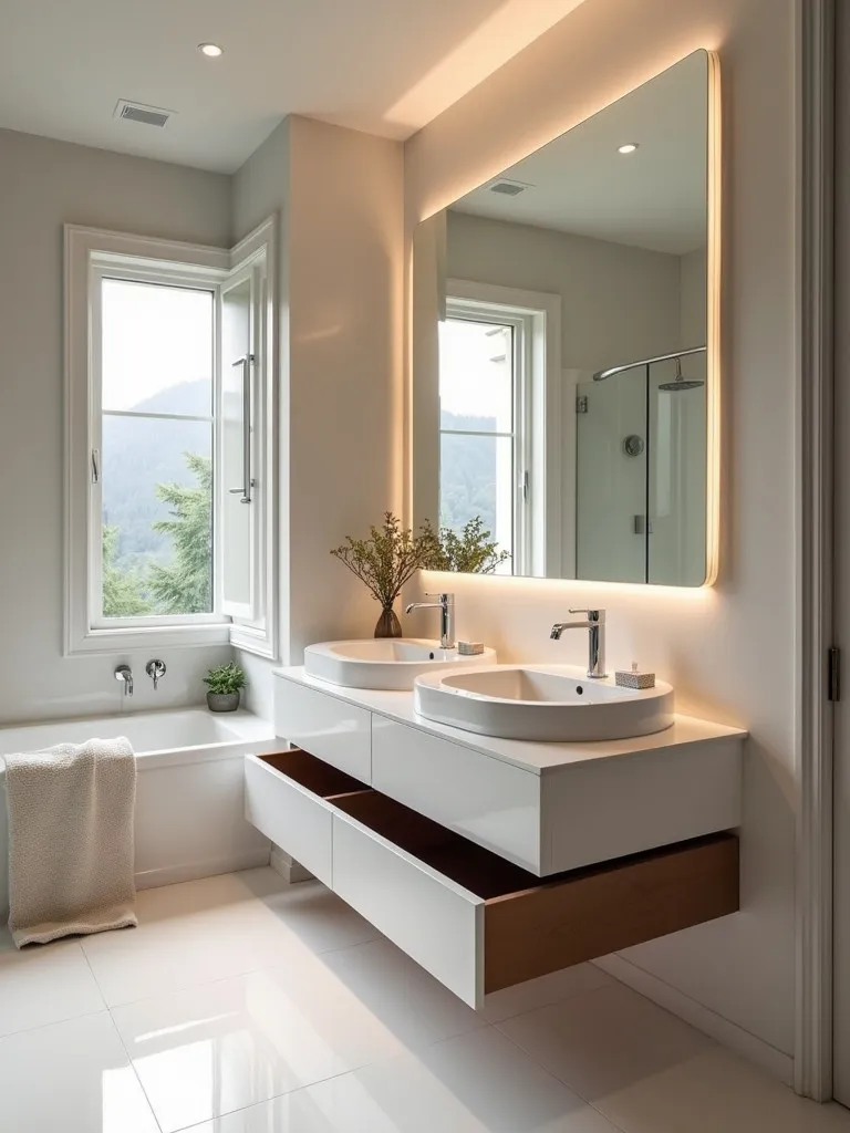 Elegant bathroom featuring a sleek vanity with hidden lower drawers