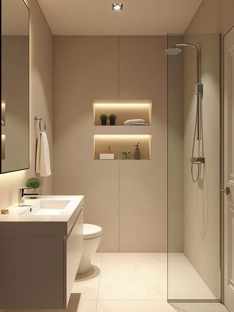 Minimalist bathroom with illuminated recessed wall niche and glass shelves