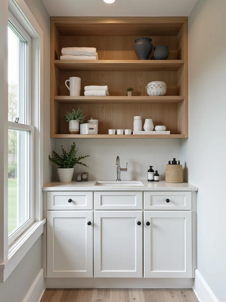 Modern bathroom featuring a full wall of custom storage solutions
