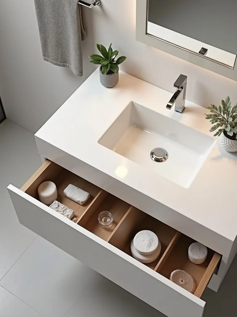 Modern bathroom vanity with organized pull out drawers viewed from above