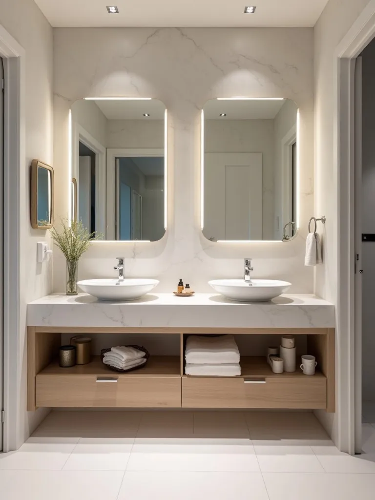 Modern bathroom with floating vanity and concealed toe kick storage