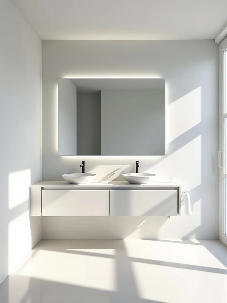Modern white bathroom with large storage mirror and dramatic lighting