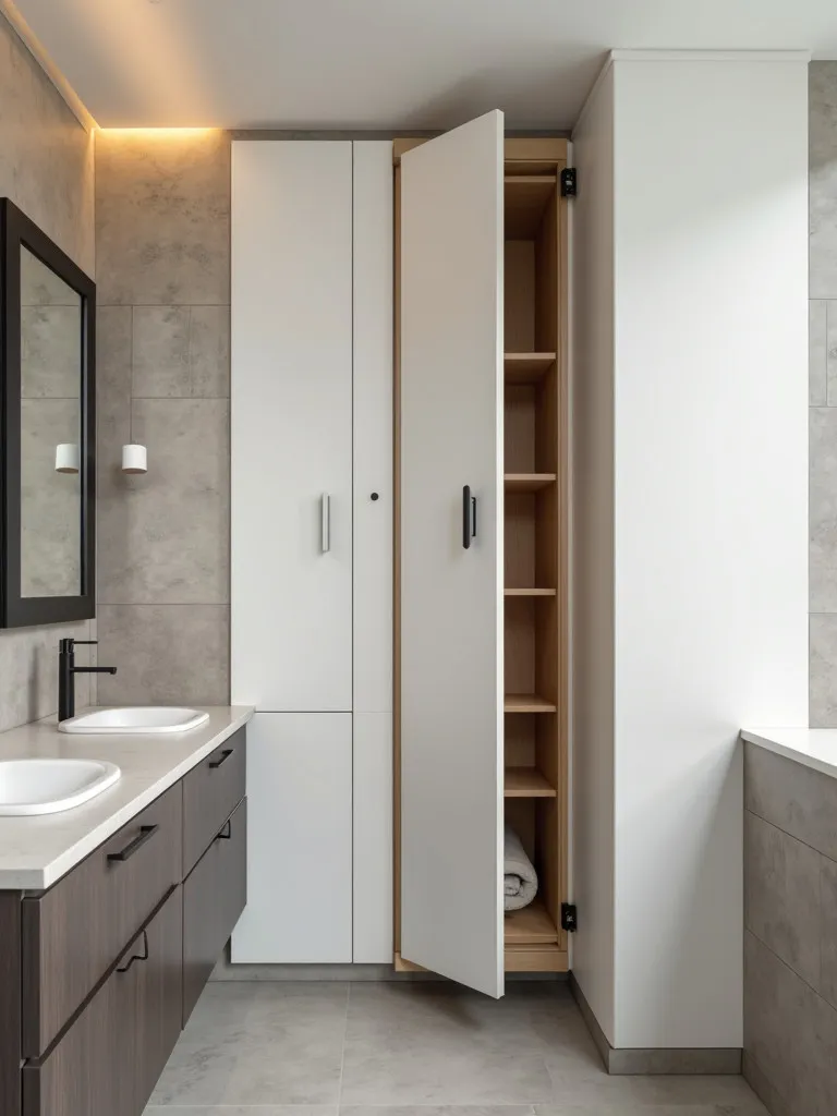 Sleek bathroom featuring a narrow pull out storage unit in unused space