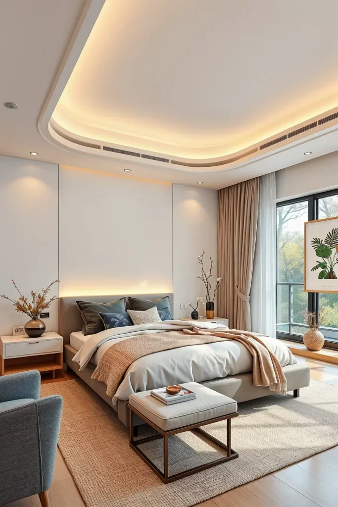 Guest bedroom with curved furniture and layered lighting