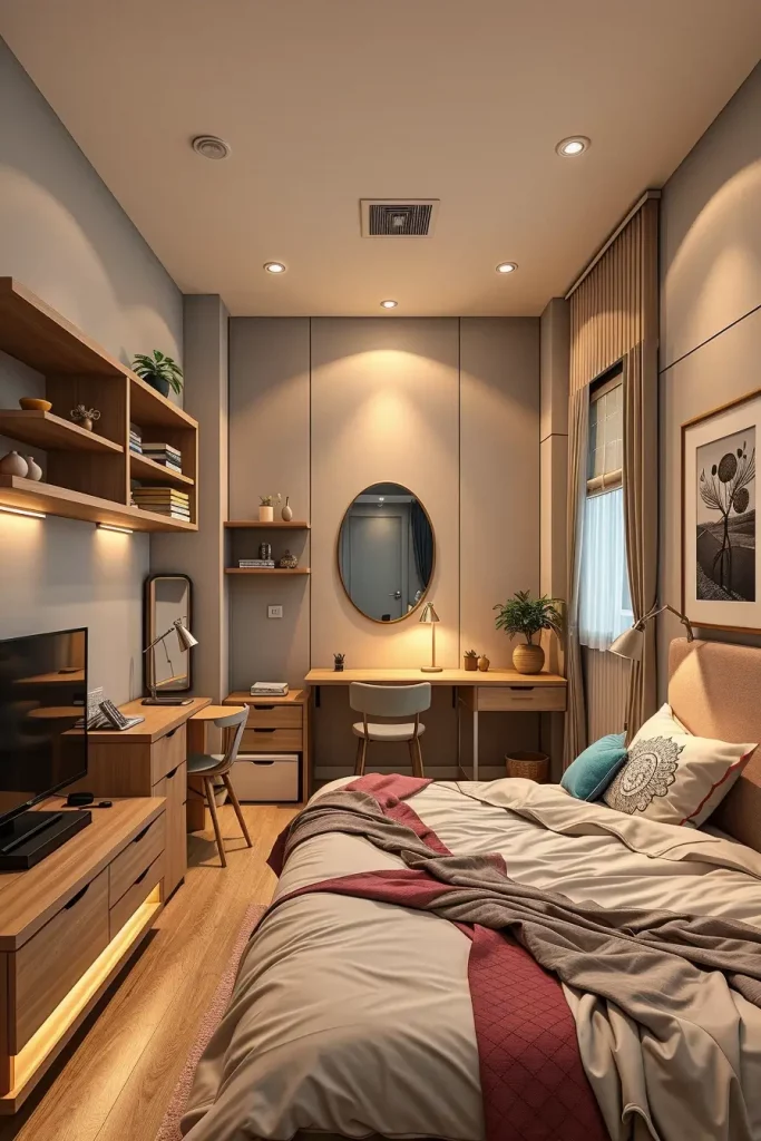 Compact guest bedroom with multifunctional furniture