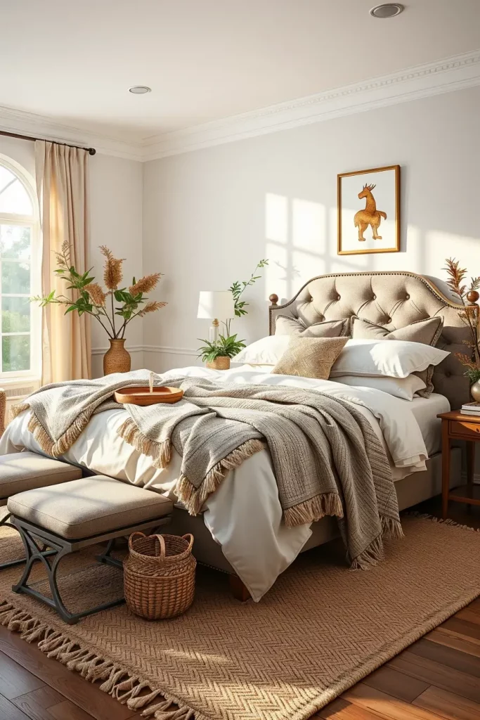 Comfortable guest bedroom with layered textiles