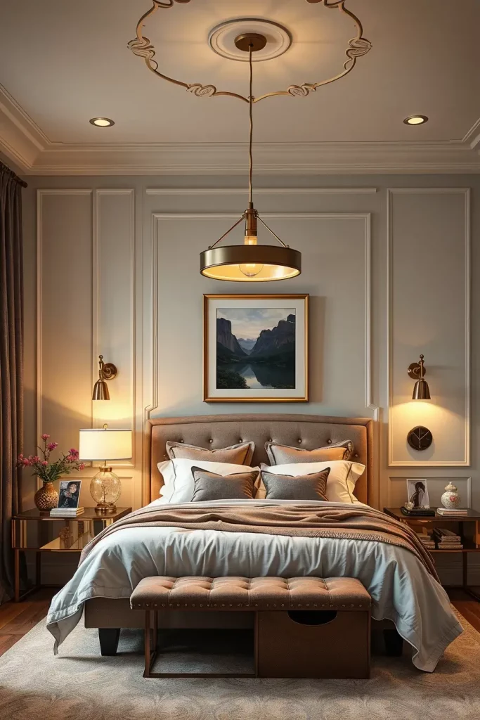 Guest bedroom with elegant lighting fixtures