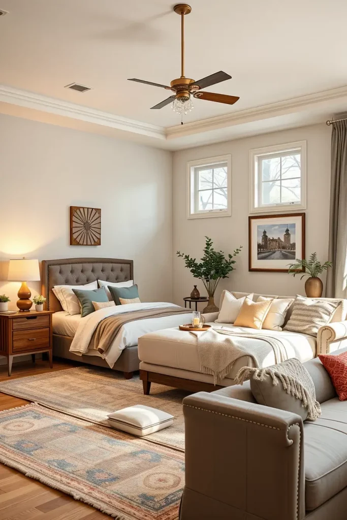 Guest bedroom with layered lighting
