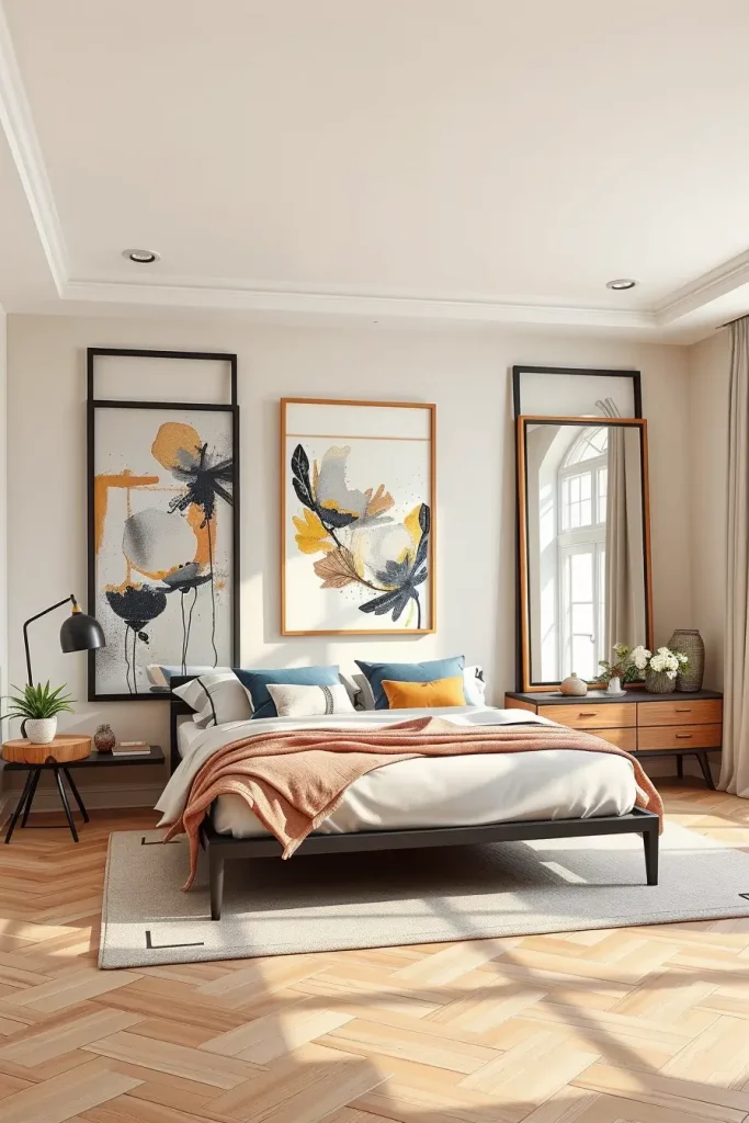 Guest bedroom with wall art and mirrors