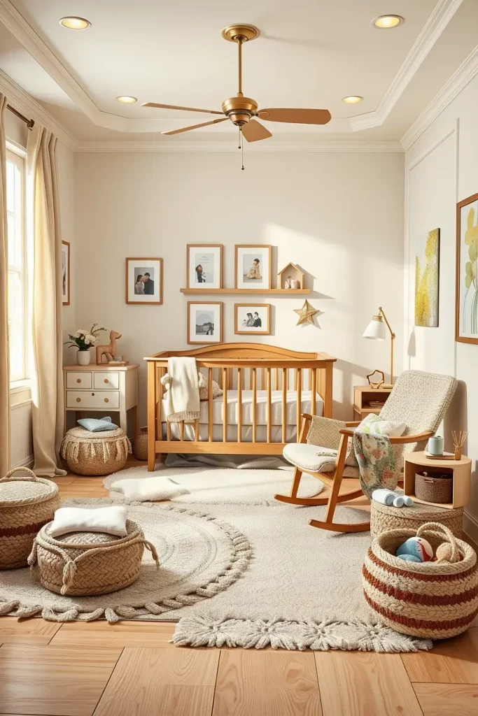 Nursery with wooden furniture and soft textiles