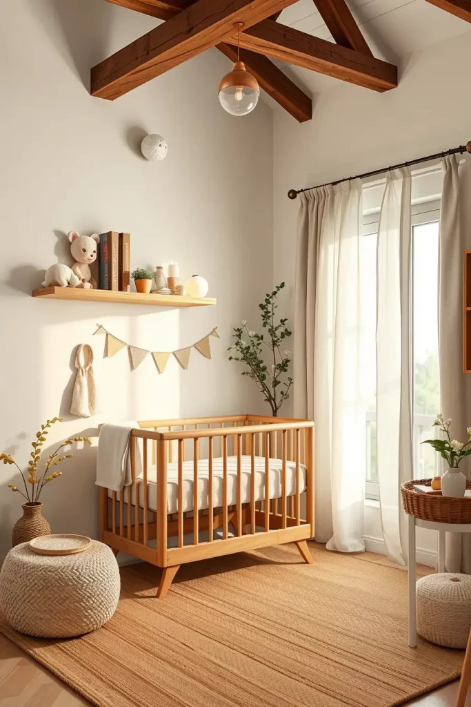 Minimalist nursery with natural textures and clean lines