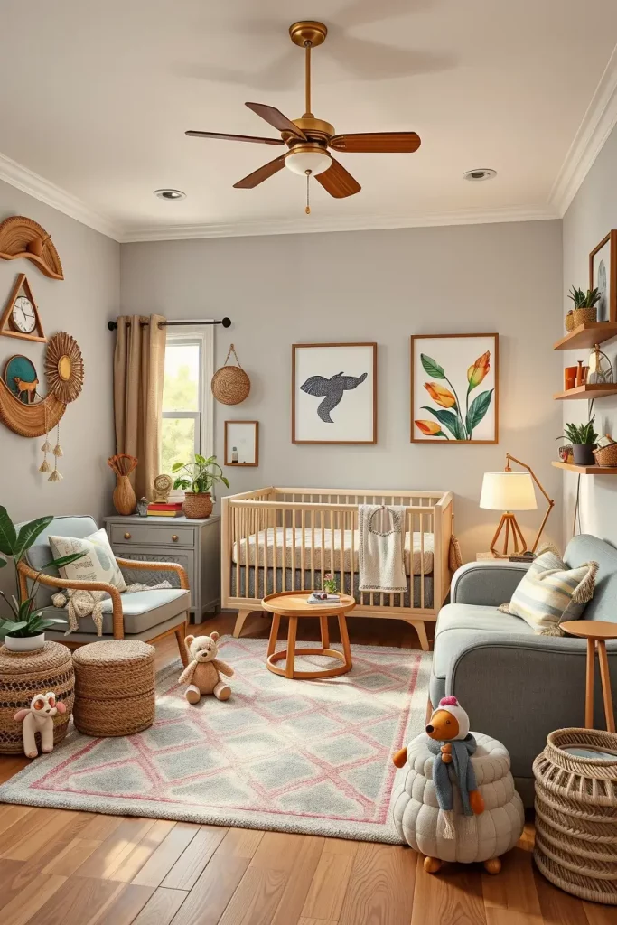Eclectic nursery with mixed textures and unique furniture layout