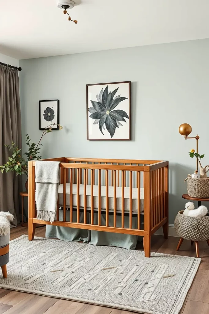 Gender-neutral nursery with natural wood and soft textures