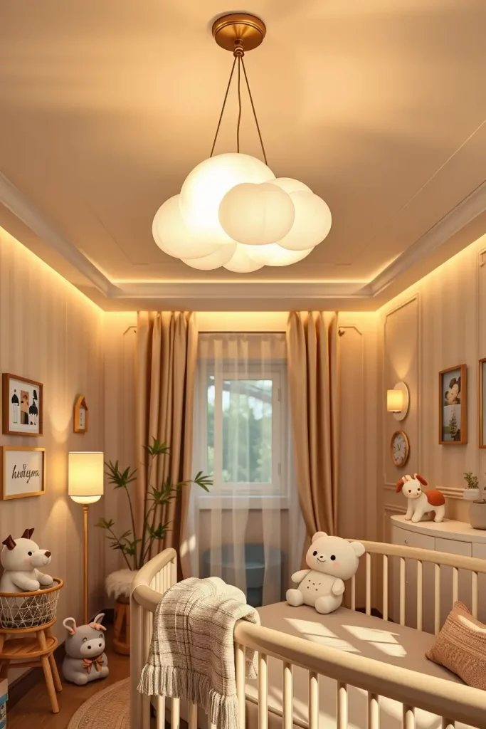 Nursery lighting with cloud-shaped pendants and soft glow