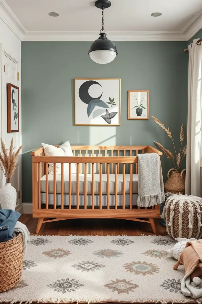 Neutral nursery with layered textures and gentle lighting