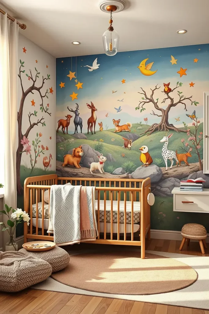 Pastel nursery mural with animals and stars
