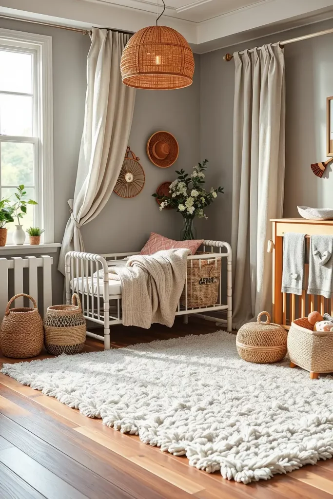 Textured nursery decor with natural and synthetic fabrics