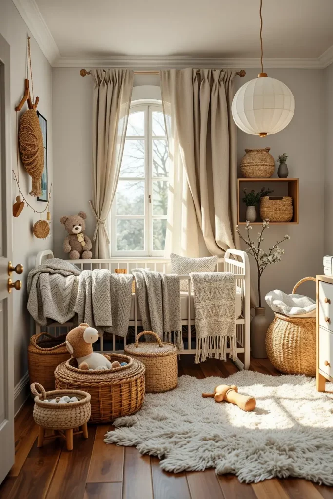 Nursery with layered textures and natural fabrics