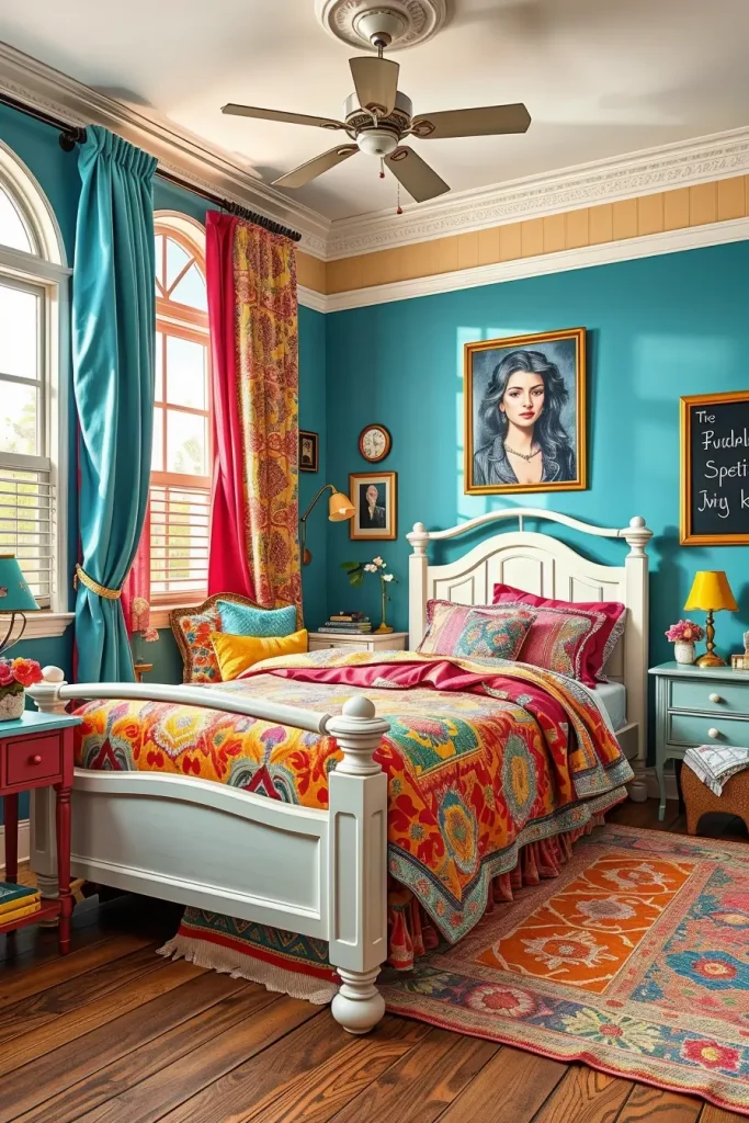 Colorful accents in girl's bedroom with neutral furniture