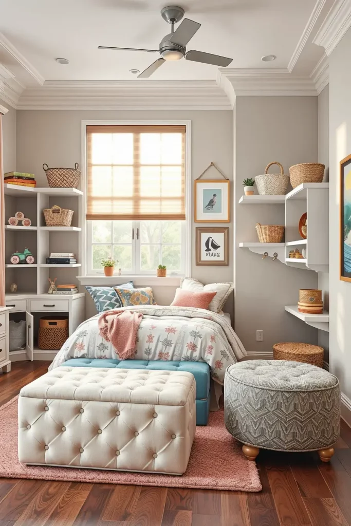 Stylish storage ottoman in girl's bedroom