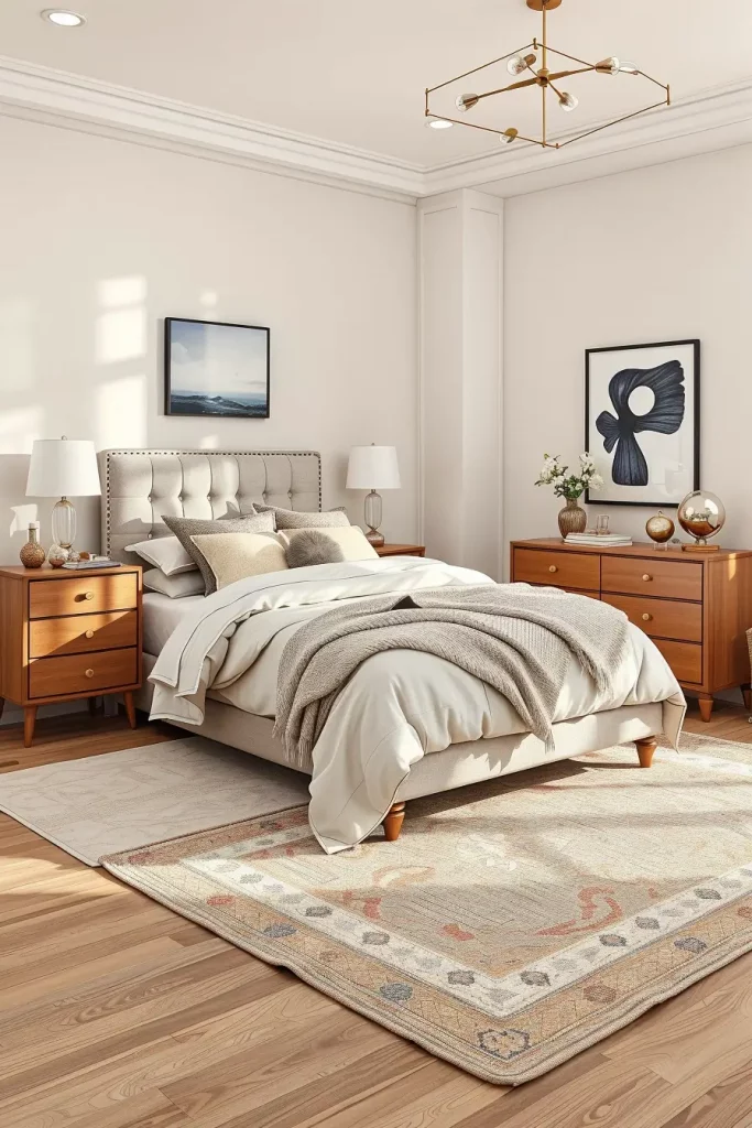 Textured throws and layered rugs in neutral bedroom