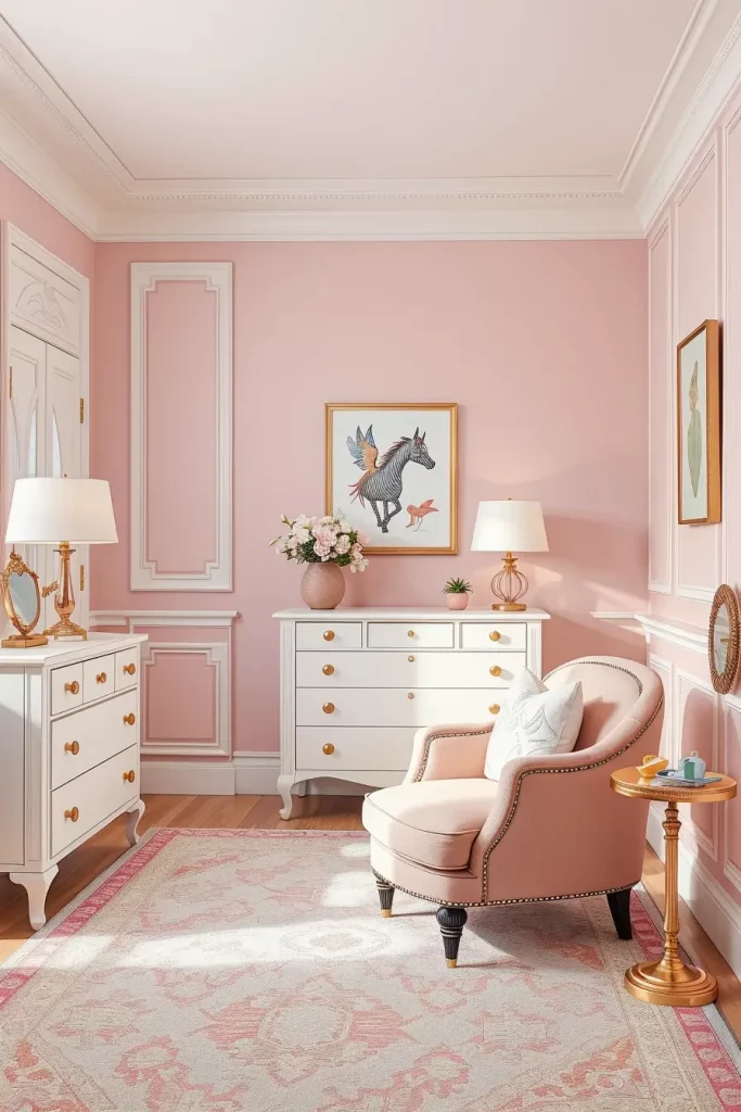 Pink and white bedroom with rose gold accents