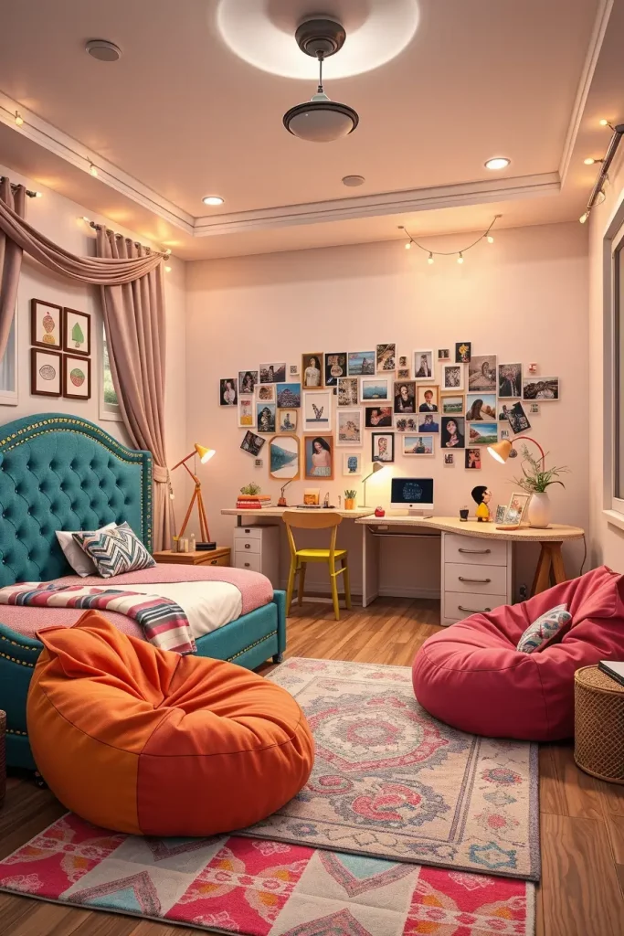 Teen bedroom with DIY wall art and string lights