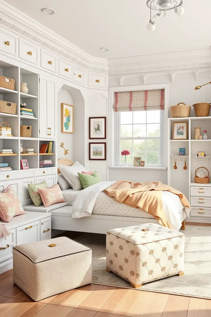 Wall-mounted cubbies and decorative baskets