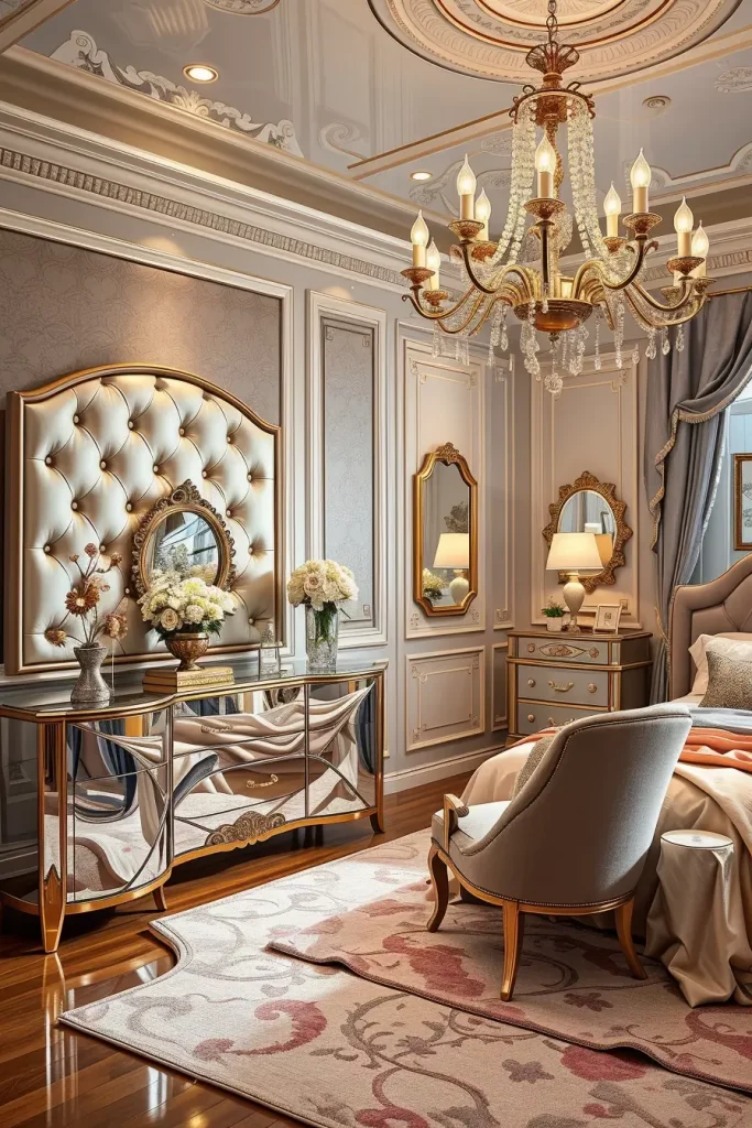 Luxurious girl's bedroom with velvet furniture