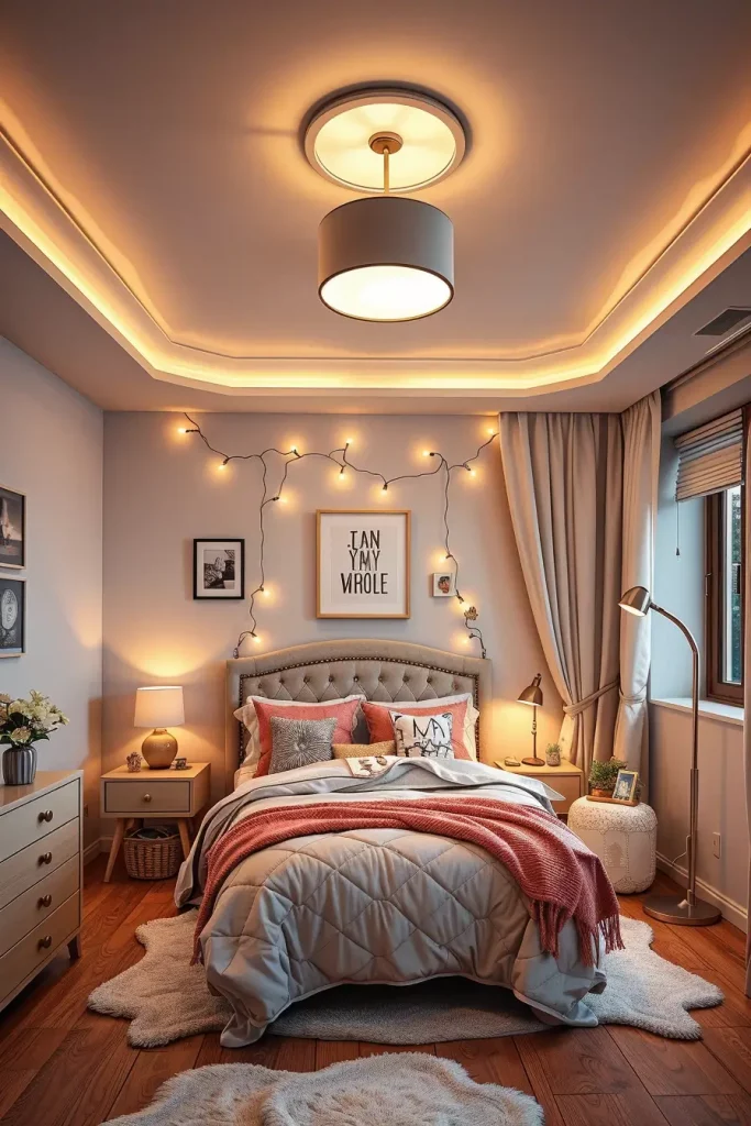 Cozy bedroom lighting with string lights and floor lamps