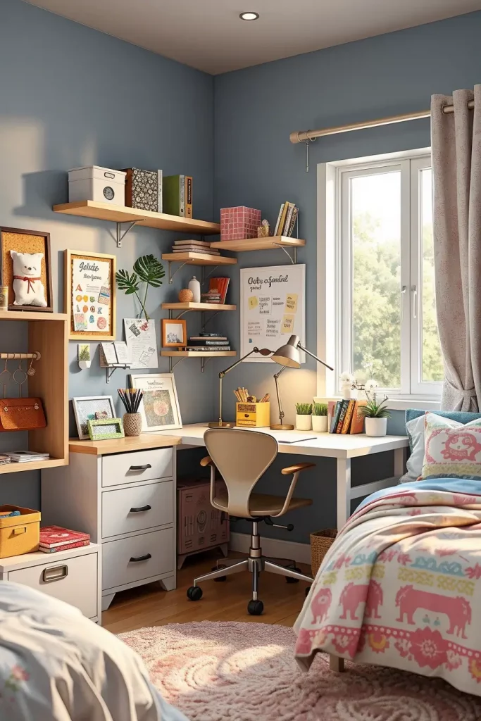 Organized study space with floating shelves