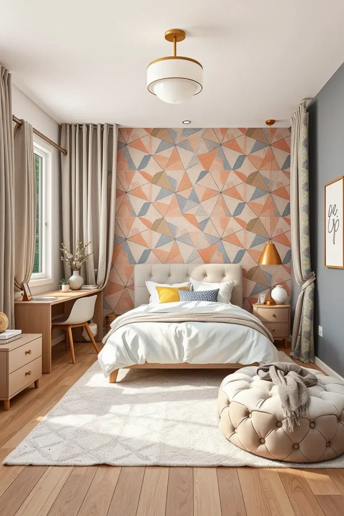 Geometric wallpaper in girl's bedroom