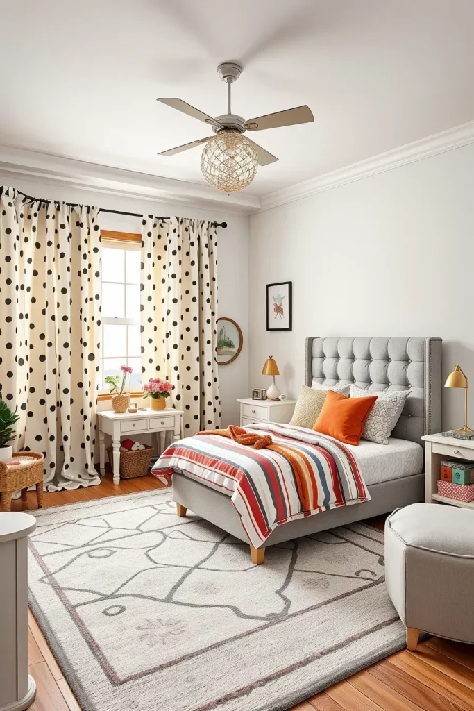 Patterned rugs and curtains in girl's bedroom