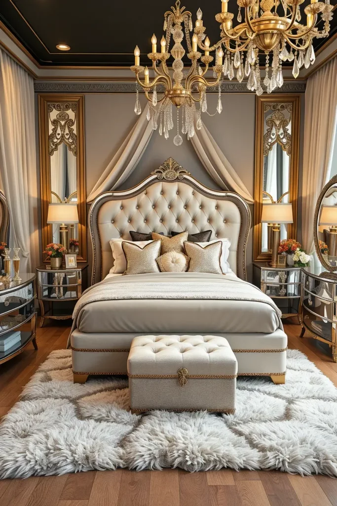 Vanity with lit mirror and glam accents