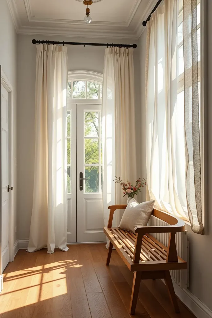 Hallway with linen curtains and bench