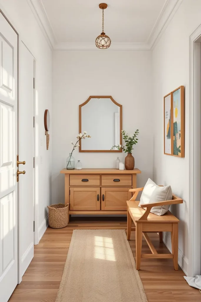 Wood-framed mirror in hallway