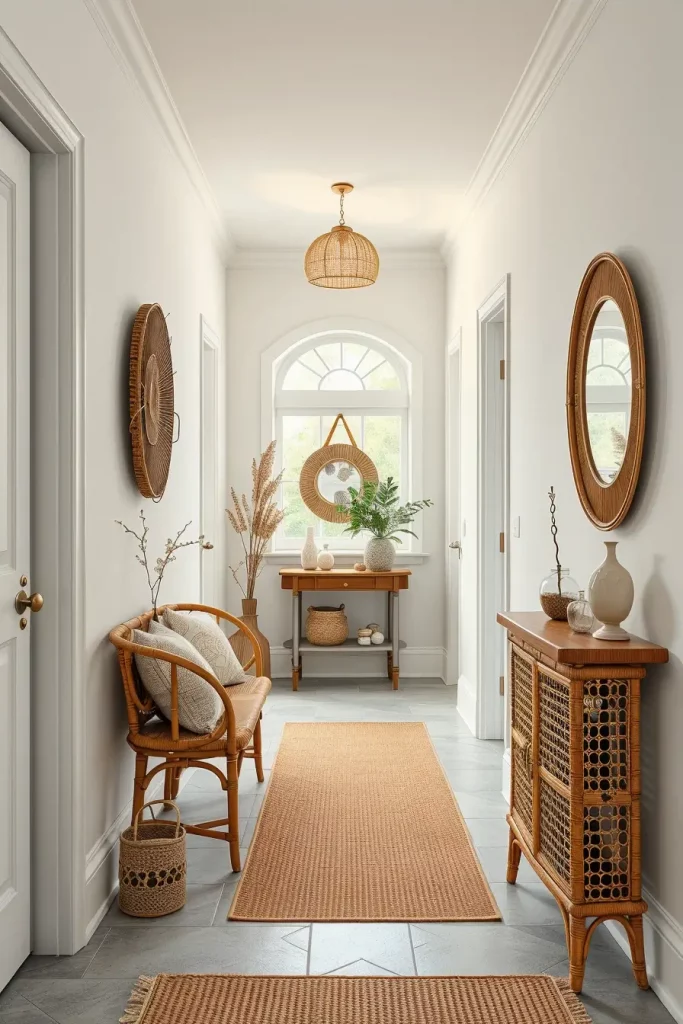 Rattan bench in hallway