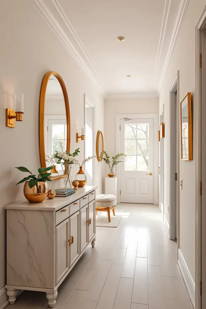 Gold framed mirror in hallway