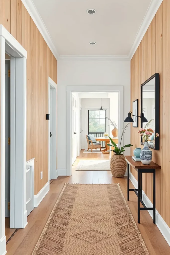 Light wood paneling in hallway