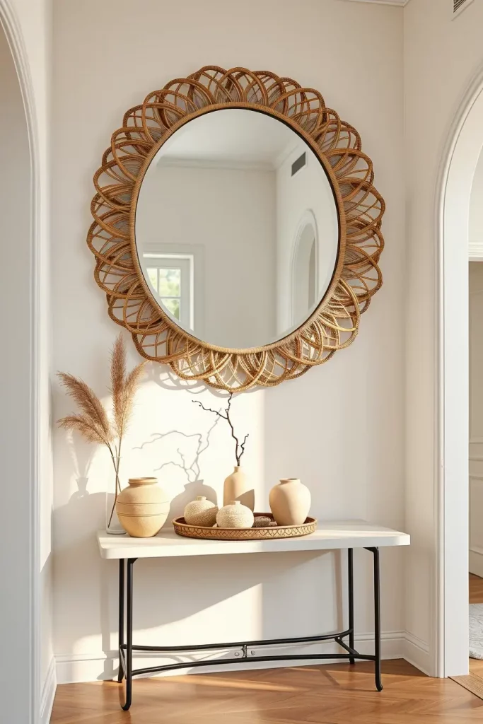 Organic shaped mirror in hallway
